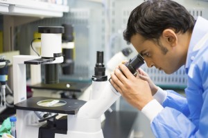Young medical researcher looks through microscope
